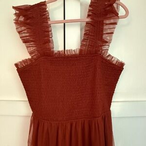 Rust Red Smocked Dress with Ruffle Straps